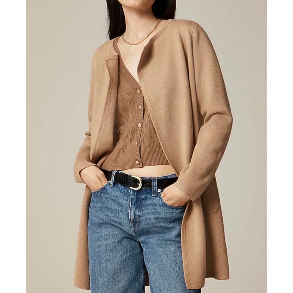 J.Crew Juliette Collarless Open Sweater Womens Medium Camel Tan Longline Wool